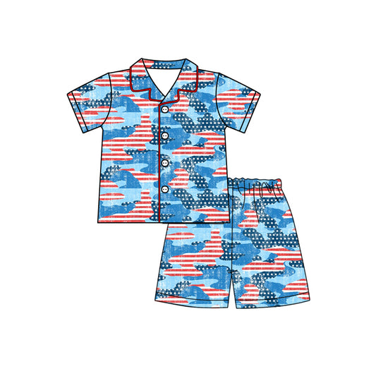 (Pre-order)BSSO0384 Star Stripes Print Boys Shorts 4th of July Pajamas Clothes Set