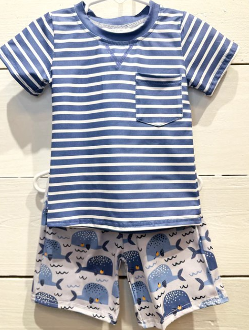 (Pre-order)BSSO0386  Blue Stripes Pocket Top Whale Shorts Boys Summer Clothes Set