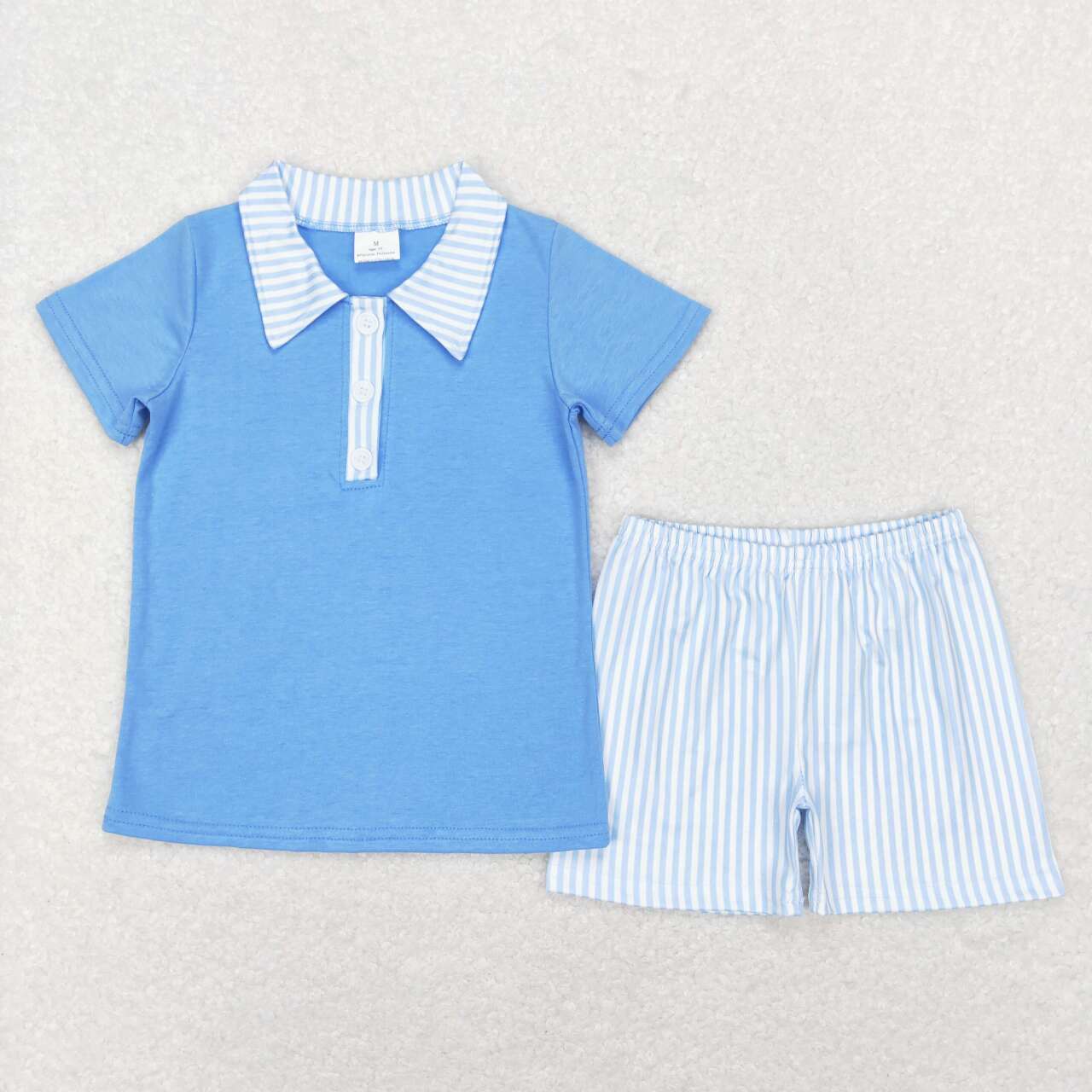 BSSO0402 Blue Polo Top Stripes Shorts Boys Summer Clothes Set