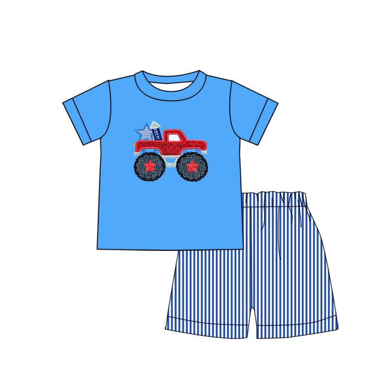 (Pre-order)BSSO0429 Truck Star Print Blue Top Stripes Shorts Boys 4th of July Clothes Set