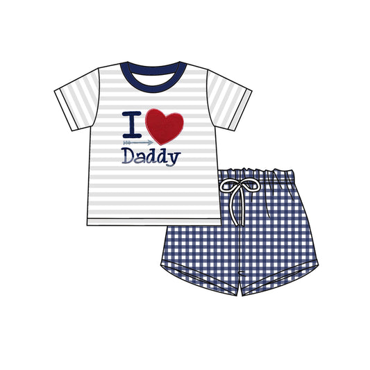 (Pre-order)BSSO0439 I LOVE Daddy Top Navy Plaid Shorts Boys Summer Clothes Set