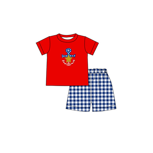 (Pre-order)BSSO0440 Anchor Red Top Blue Plaid Shorts Boys 4th of July Clothes Set