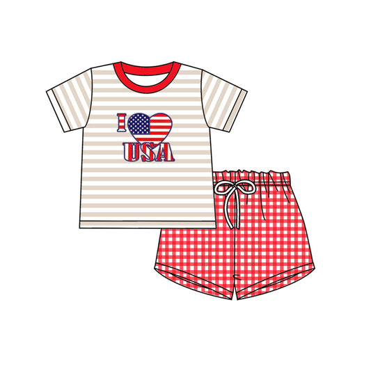 (Pre-order)BSSO0441 I LOVE USA Heart Flag Top Red Plaid Shorts Boys 4th of July Clothes Set