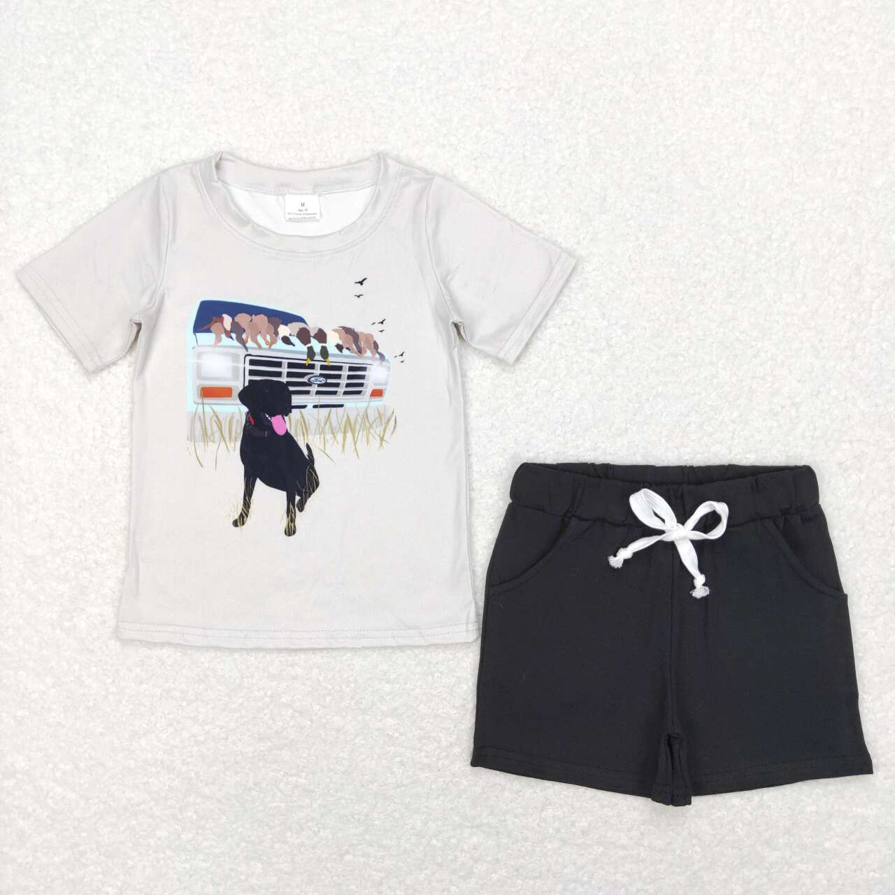 BSSO0443 Dog Duck Print Black Shorts Boys Hunting Clothes Set