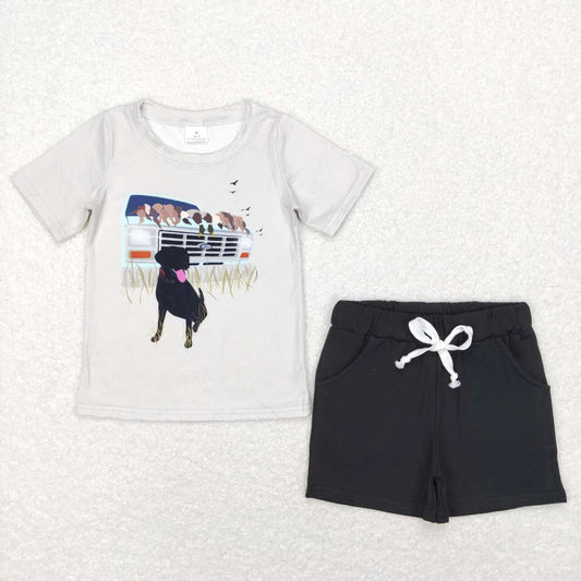 BSSO0443 Dog Duck Print Black Shorts Boys Hunting Clothes Set