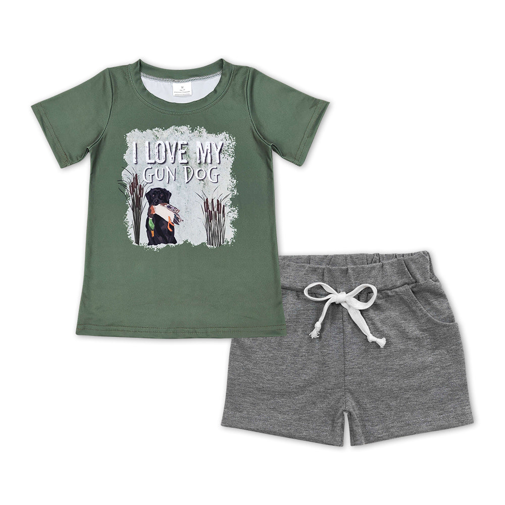 BSSO0448 I Love My Gun Dog Green Top Grey Shorts Boys Hunting Clothes Set