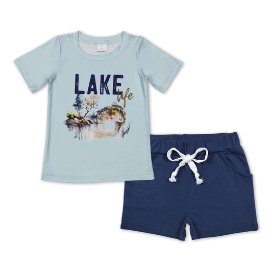 BSSO0449 Aqua Lake Life Fish Top Navy Shorts Boys Hunting Clothes Set