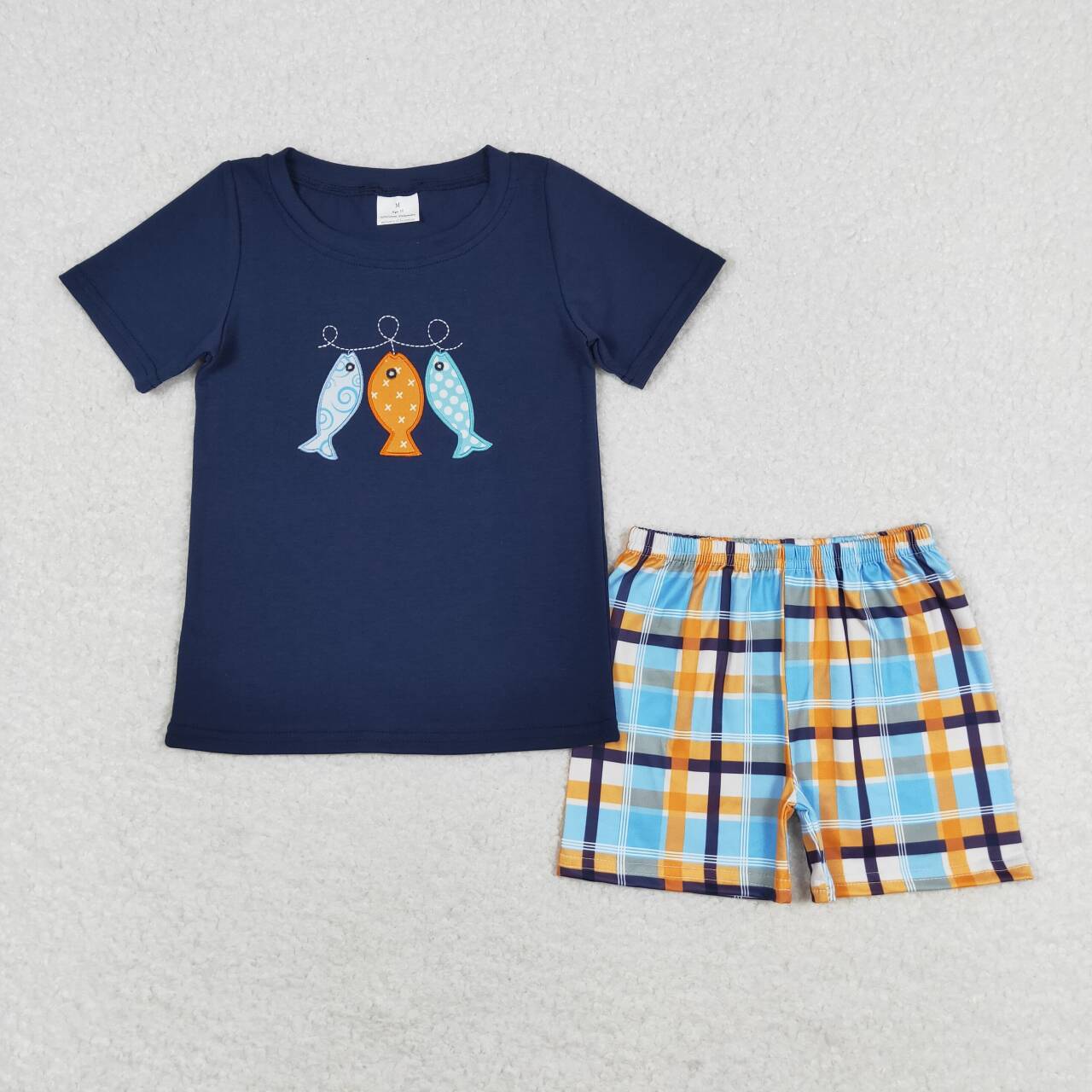 BSSO0465 Fish Embroidery Navy Top Plaid Shorts Boys Summer Cothes Set