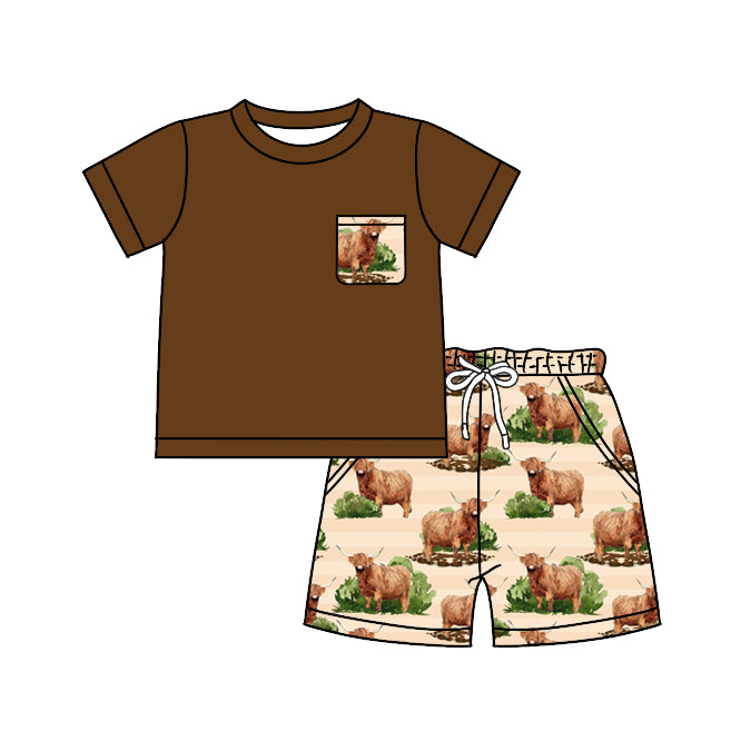 (Pre-order)BSSO0482 Brown Pocket Top Highland Cow Shorts Boys Summer Cothes Set
