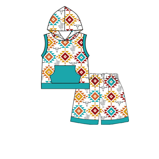 (Pre-order)BSSO0484 Aztec Cow Skull Cactus Boys Hoodie Summer Clothes Set