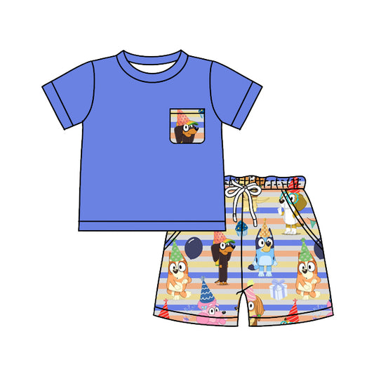 (Pre-order)BSSO0485 Blue Pocket Top Cartoon Dog Shorts Boys Happy Birthday Clothes Set