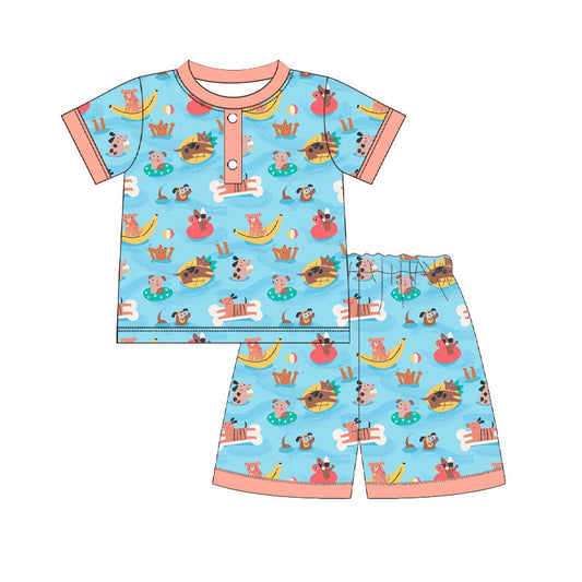 (Pre-order)BSSO0492 Cute Animals Swimming Print Shorts Boys Summer Pajamas Clothes Set