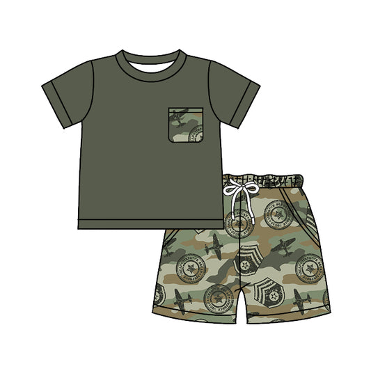 (Pre-order)BSSO0510 Green Pocket Top Plane Camo Shorts Boys Summer Clothes Set
