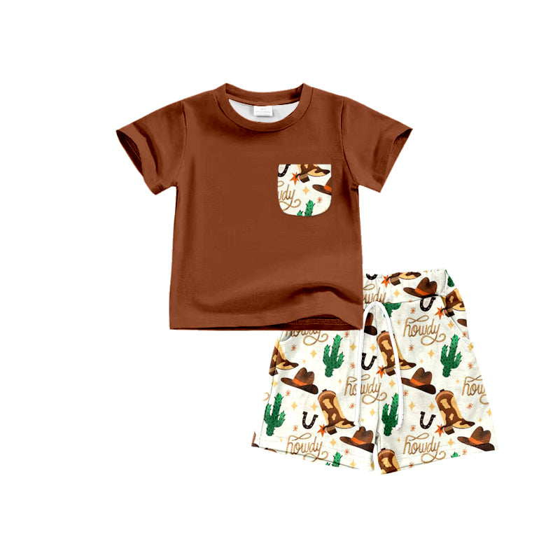 (Pre-order)BSSO0554 Brown Pocket Top Howdy Boots Hat Shorts Boys Summer Clothes Set