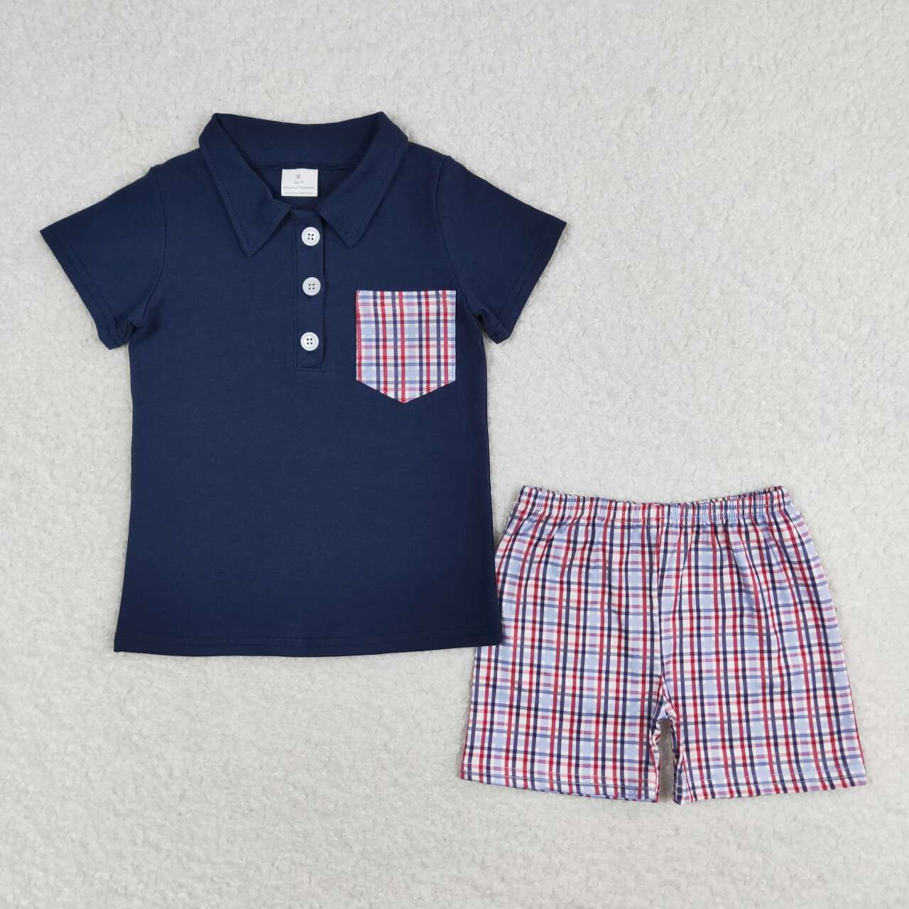 BSSO0628 Navy Pocket Polo Top Plaid Shorts Boys 4th of July Clothes Set