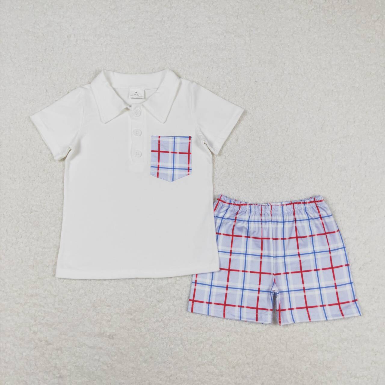 BSSO0651 White Pocket Polo Top Plaid Shorts Boys Summer Clothes Set