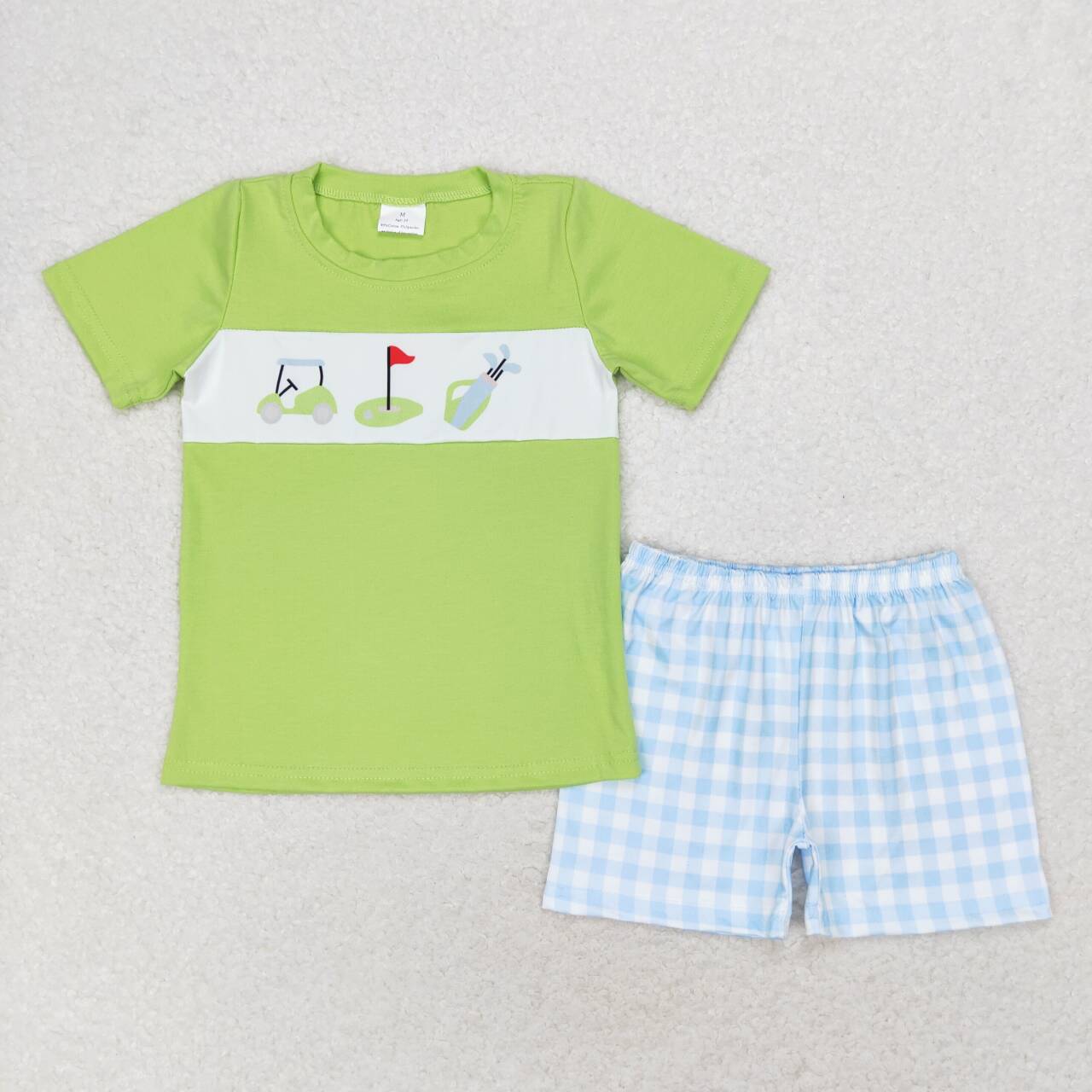 BSSO0667 Golf Print Green Top Blue Plaid Shorts Boys Summer Clothes Set