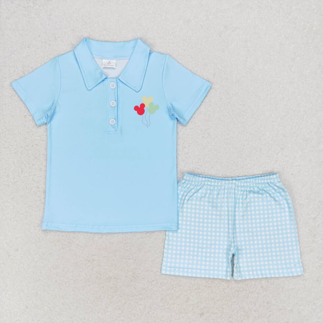BSSO0683 Cartoon Mouse Balloon Top Plaid Shorts Boys Summer Clothes Set