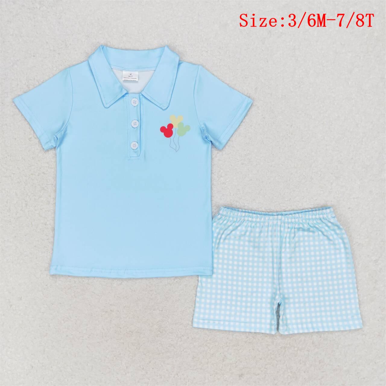 BSSO0683 Cartoon Mouse Balloon Top Plaid Shorts Boys Summer Clothes Set
