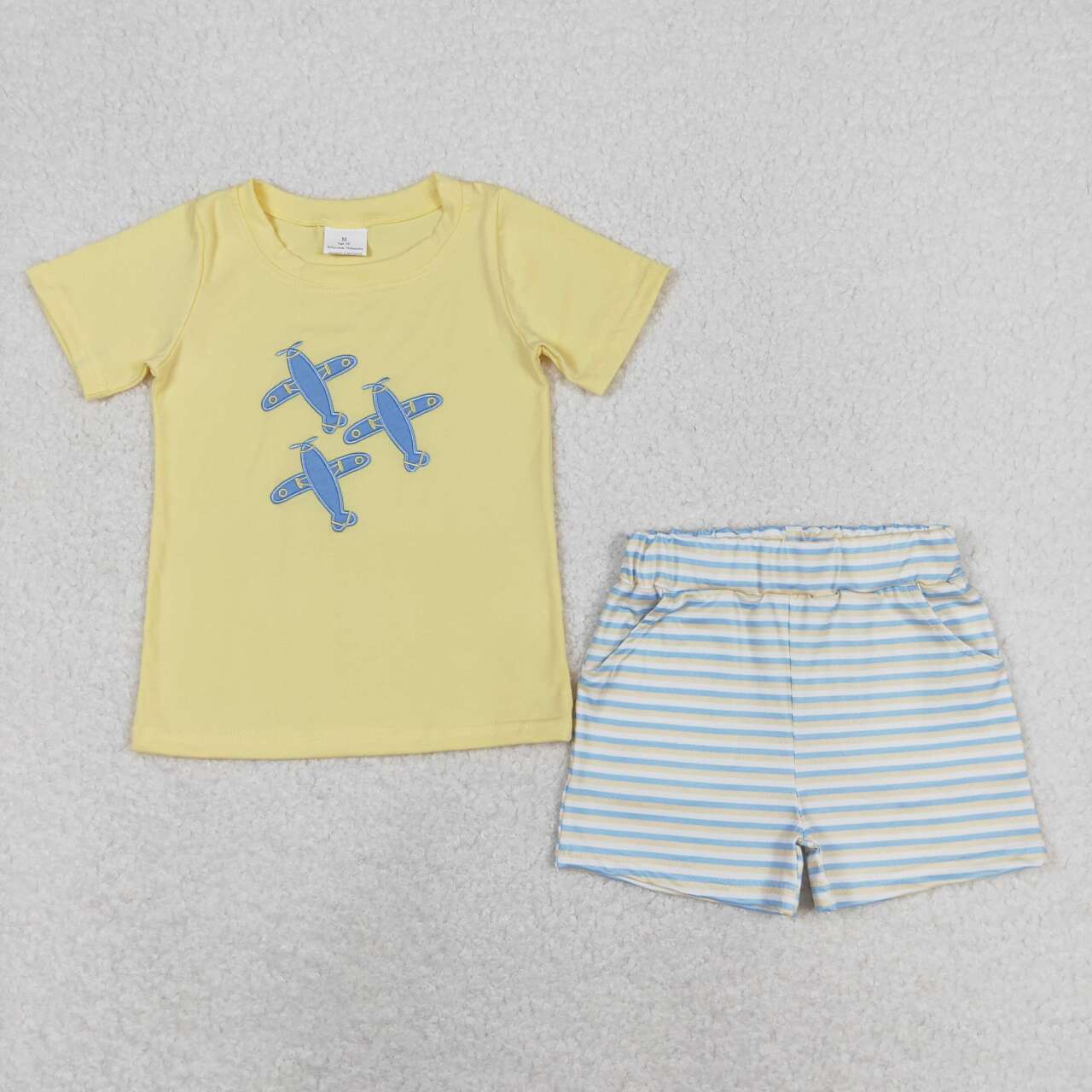 BSSO0696 Plane Embroidery Yellow Top Stripes Shorts Boys Summer Clothes Set