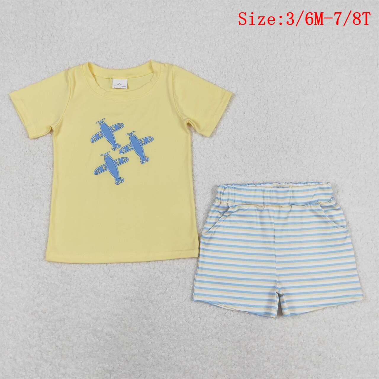 BSSO0696 Plane Embroidery Yellow Top Stripes Shorts Boys Summer Clothes Set