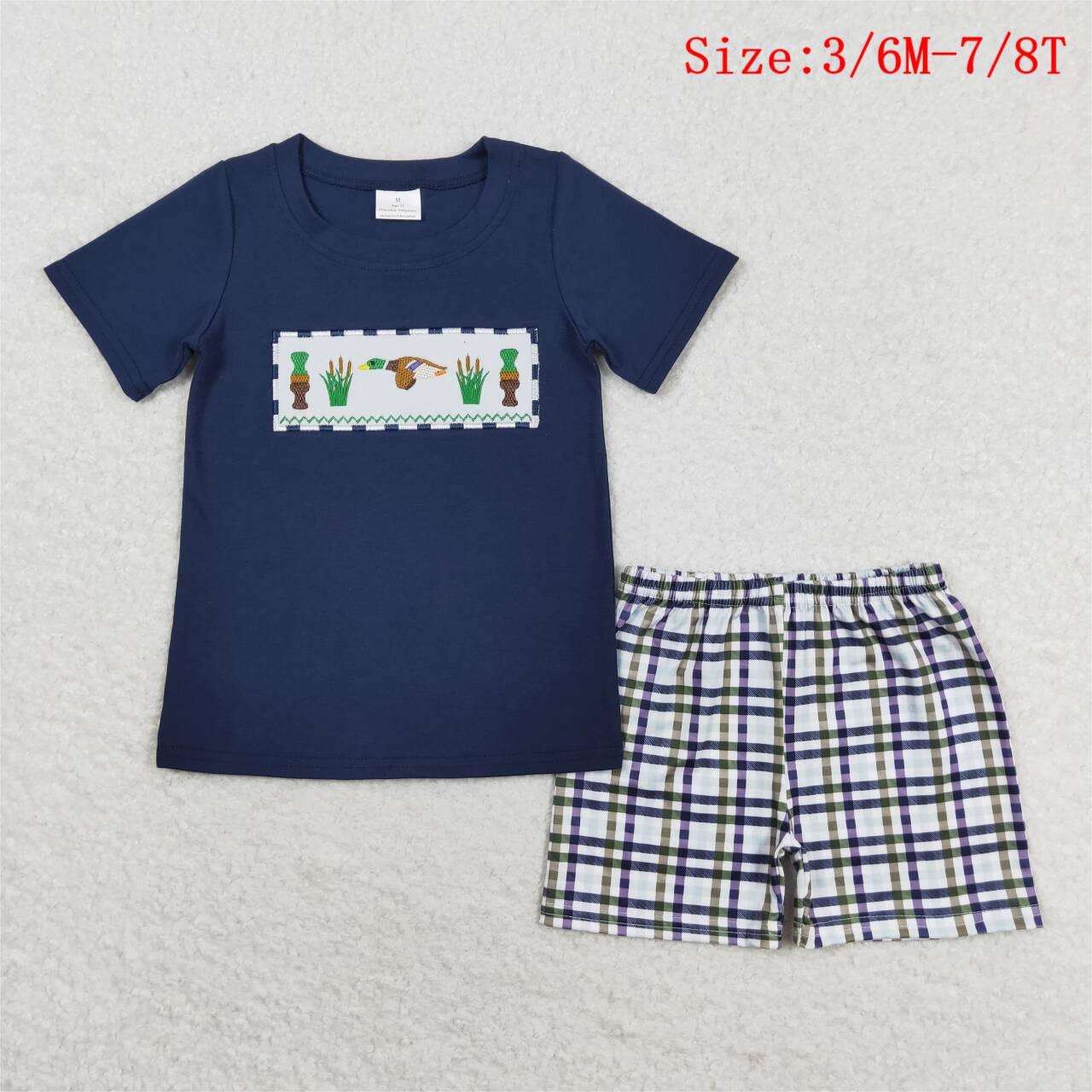 BSSO0710 Duck Embroidery Navy Top Plaid Shorts Boys Summer Clothes Set