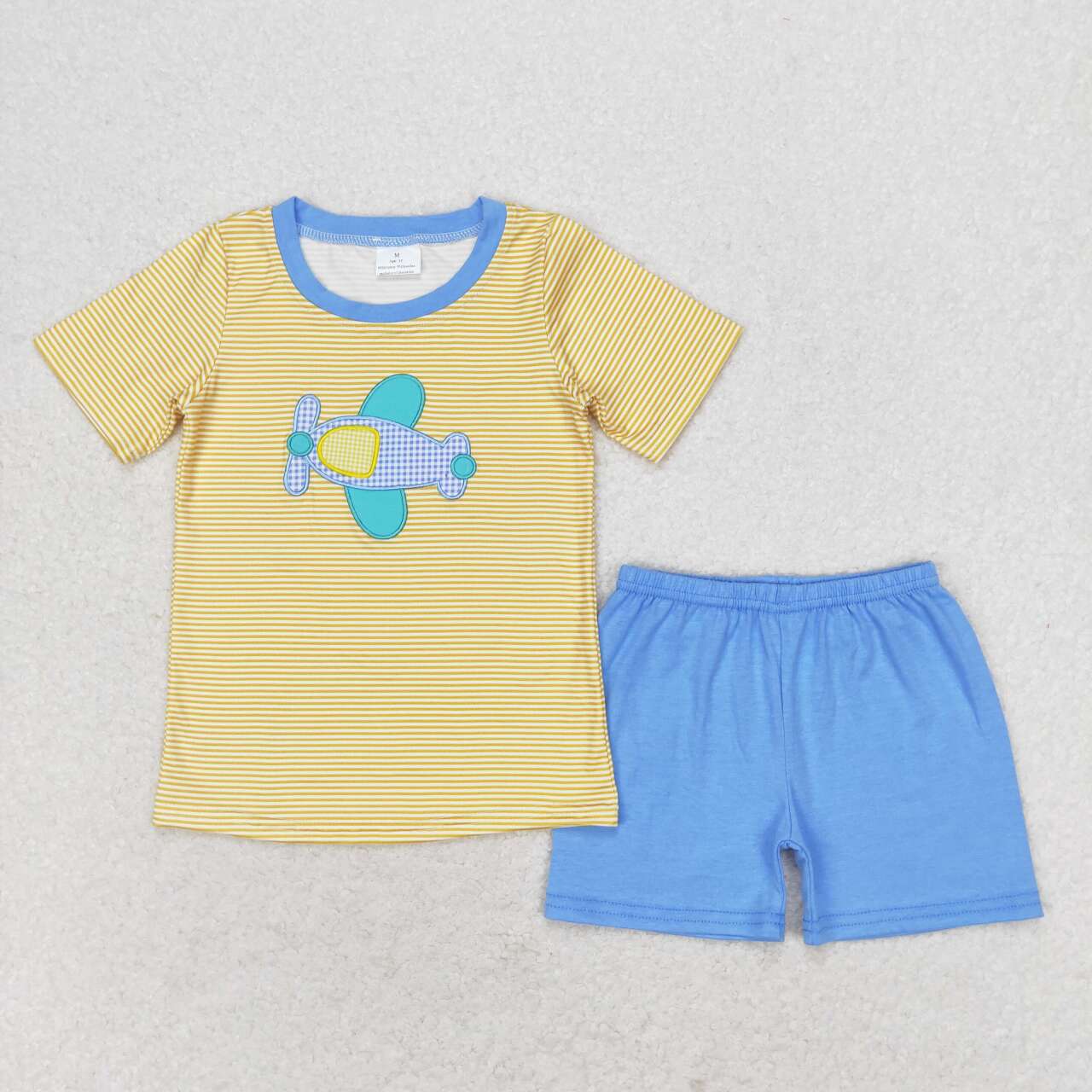 BSSO0724 Plane Embroidery Stripes Print Blue Shorts Boys Summer Clothes Set