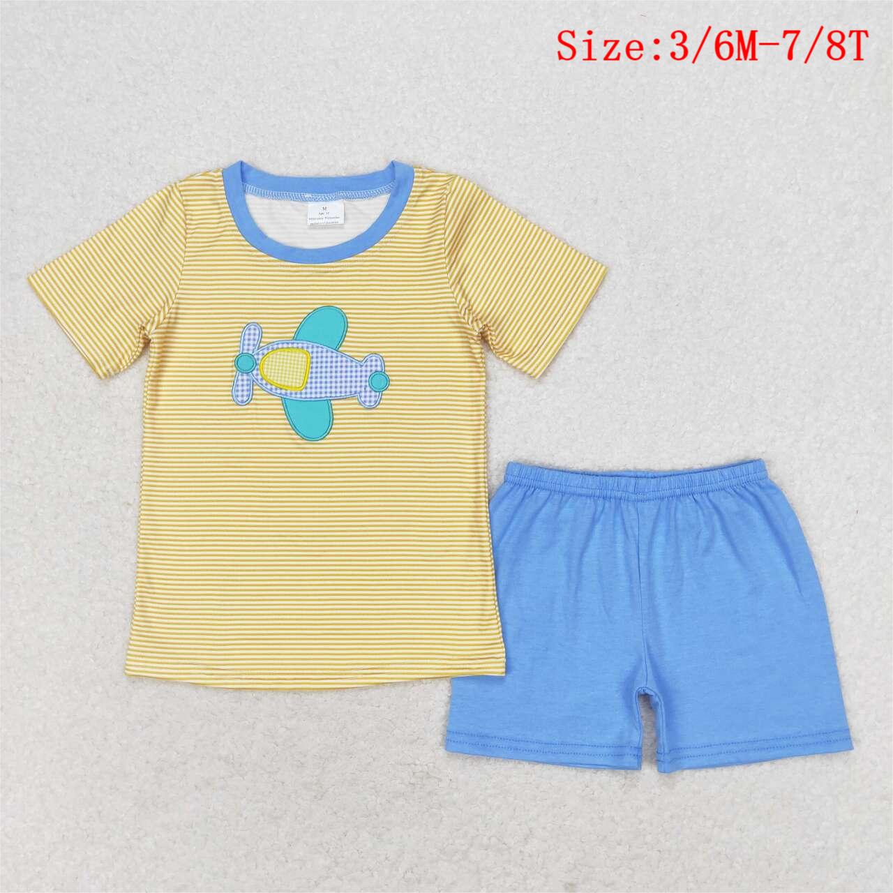BSSO0724 Plane Embroidery Stripes Print Blue Shorts Boys Summer Clothes Set