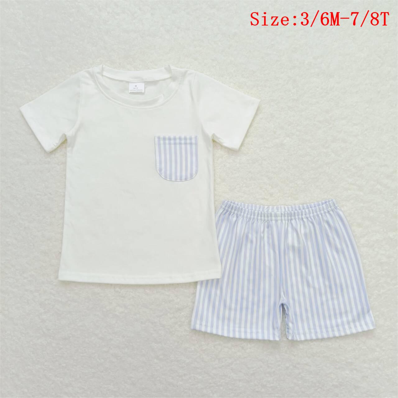 BSSO0764 White Pocket Top Blue Stripes Shorts Boys Summer Clothes Set
