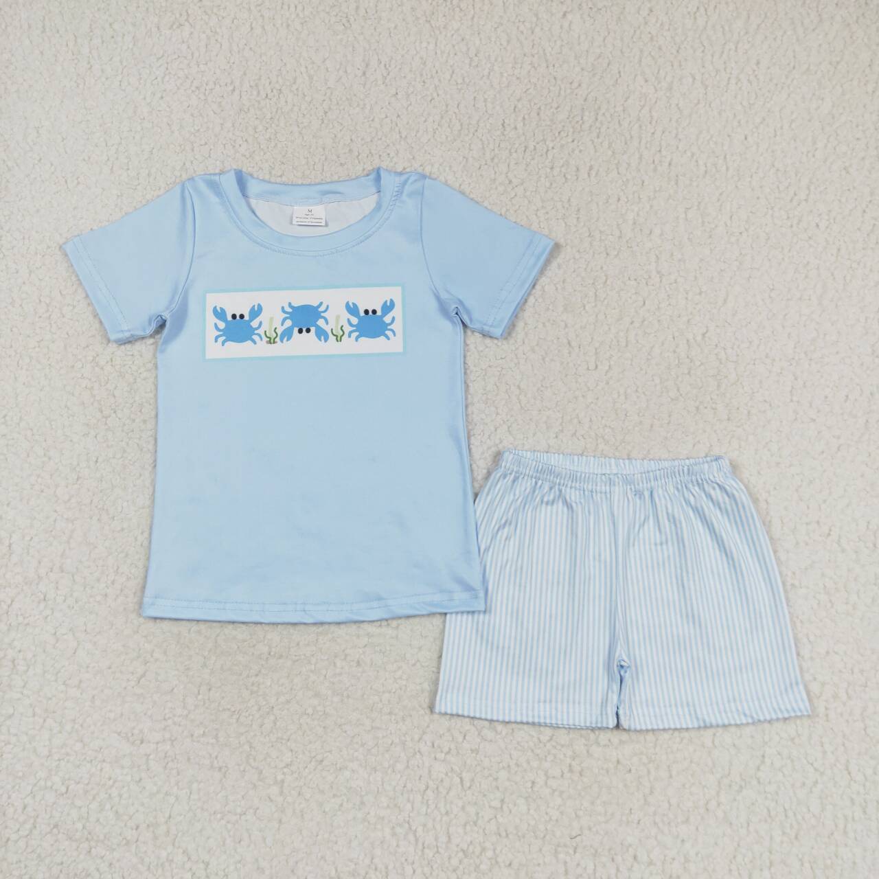 Blue Crab Stripes Print Sibling Summer Matching Clothes