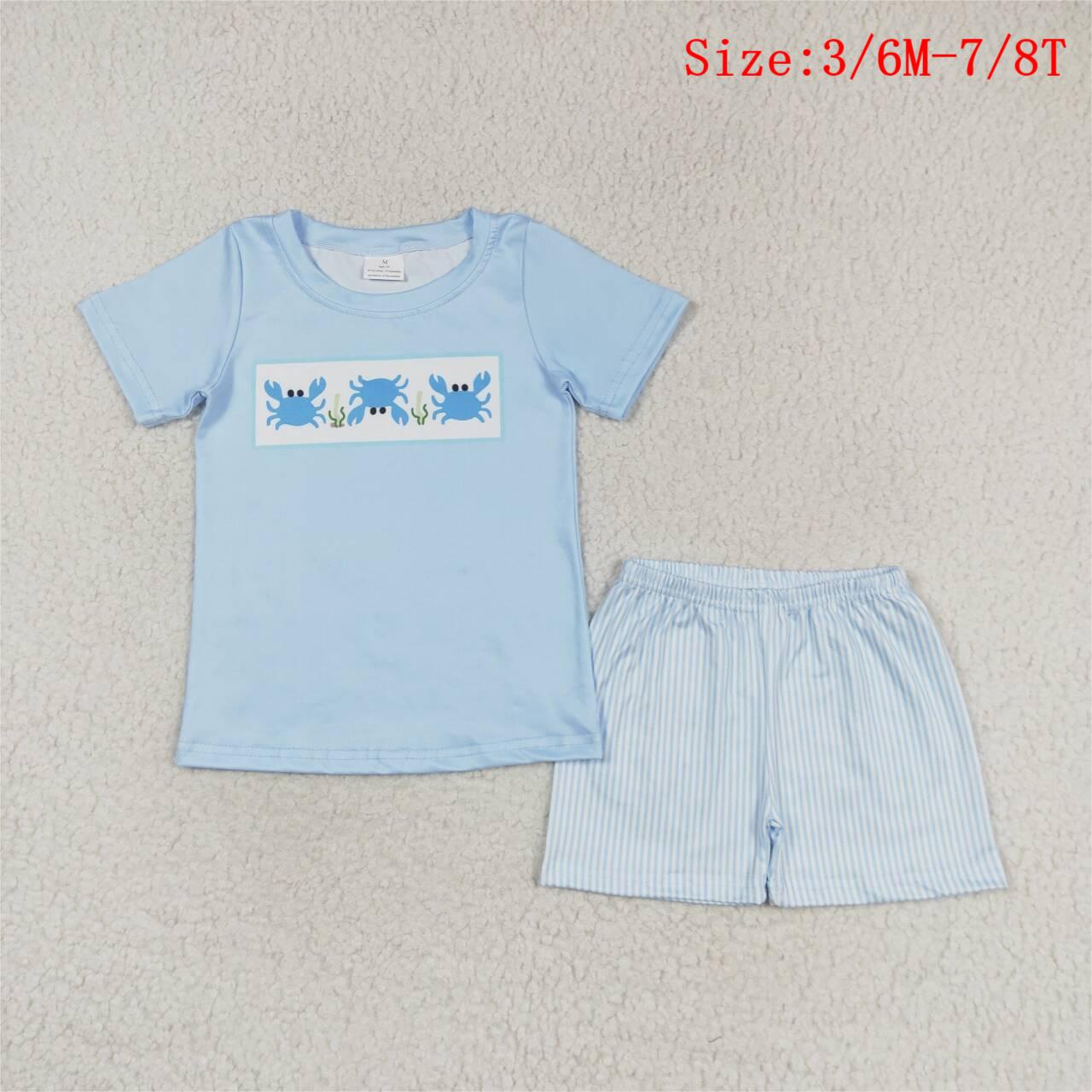 BSSO0765 Blue Crab Top Stripes Shorts Boys Summer Clothes Set