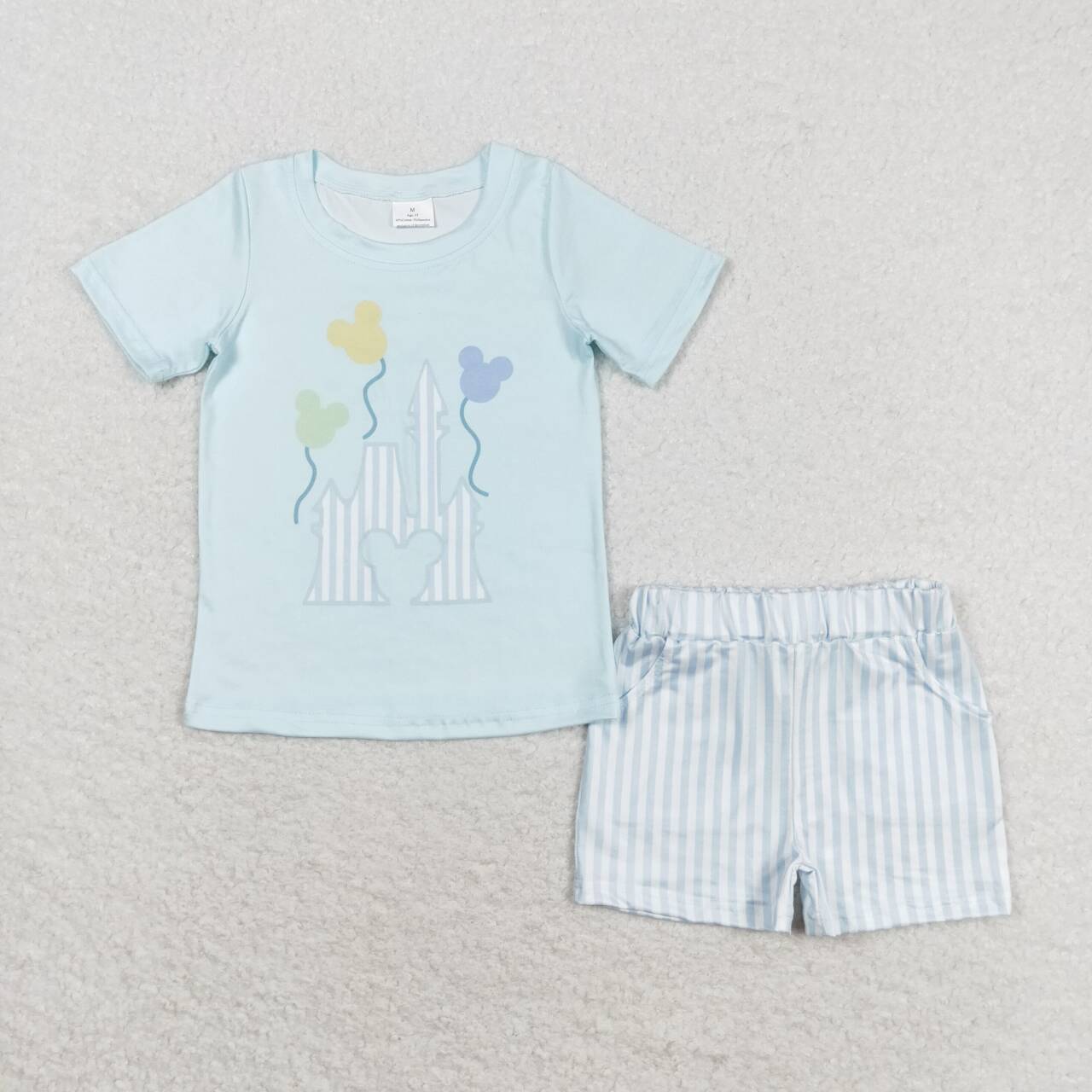 BSSO0777 Blue Cartoon Castle Top Stripes Shorts Boys Summer Clothes Set