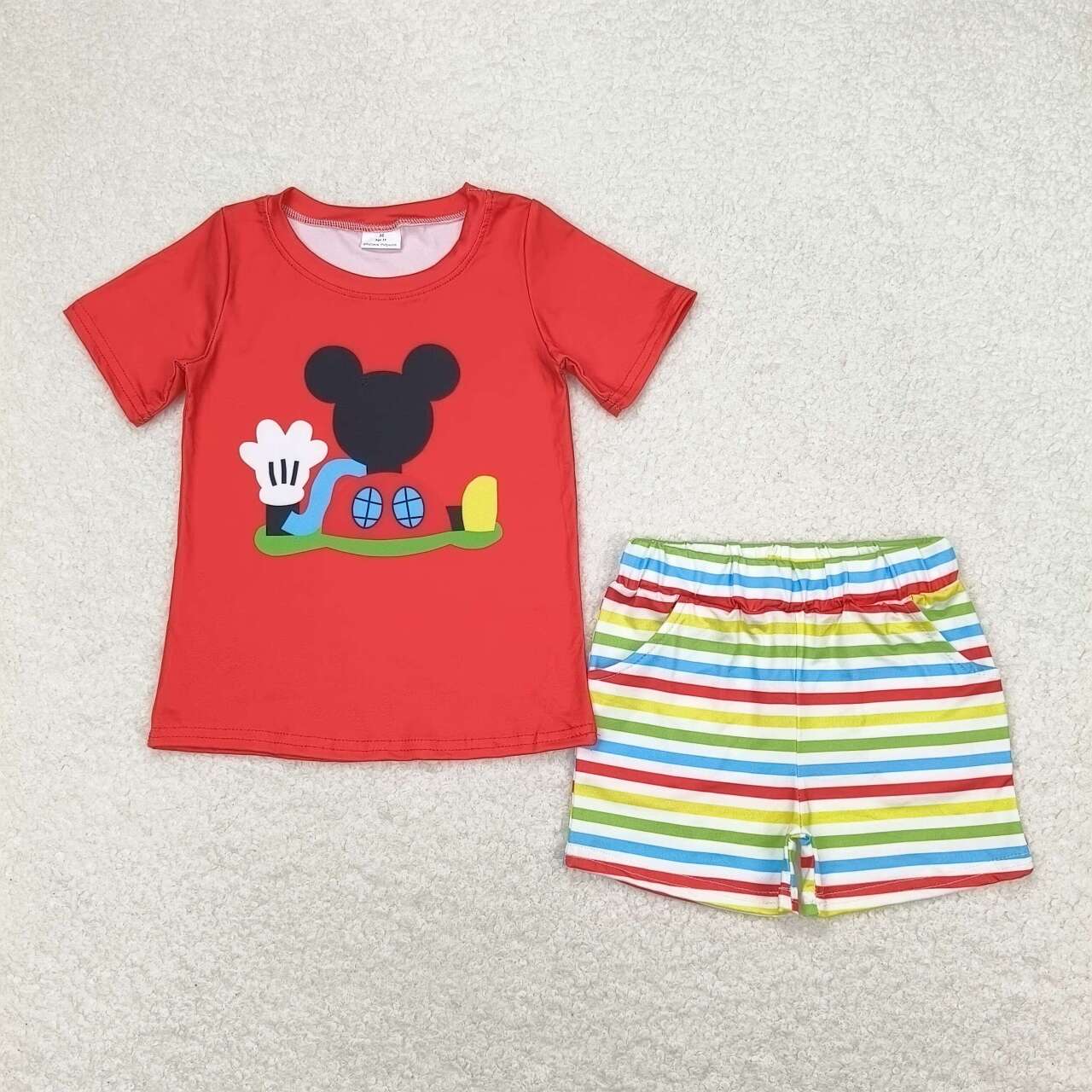 BSSO0786 Cartoon Mouse Red Top Stripes Shorts Boys Summer Clothes Set