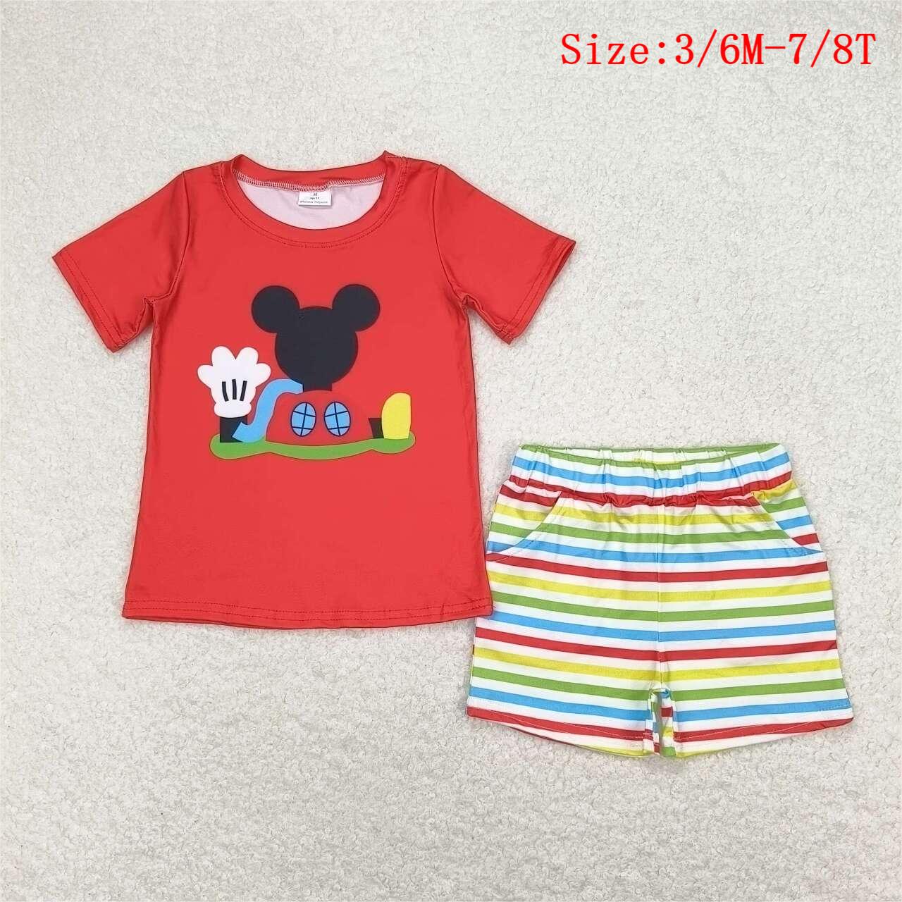 BSSO0786 Cartoon Mouse Red Top Stripes Shorts Boys Summer Clothes Set