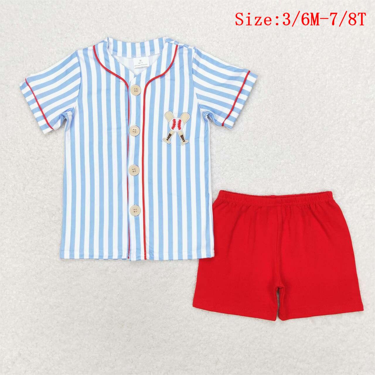 BSSO0800 Baseball Embroidery Blue Stripes Top Red Shorts Boys Summer Clothes Set