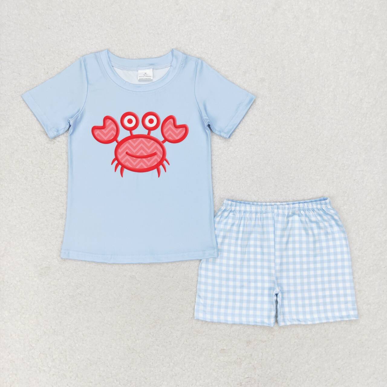 BSSO0808 Crab Blue Top Plaid Print Boys Summer Clothes Set