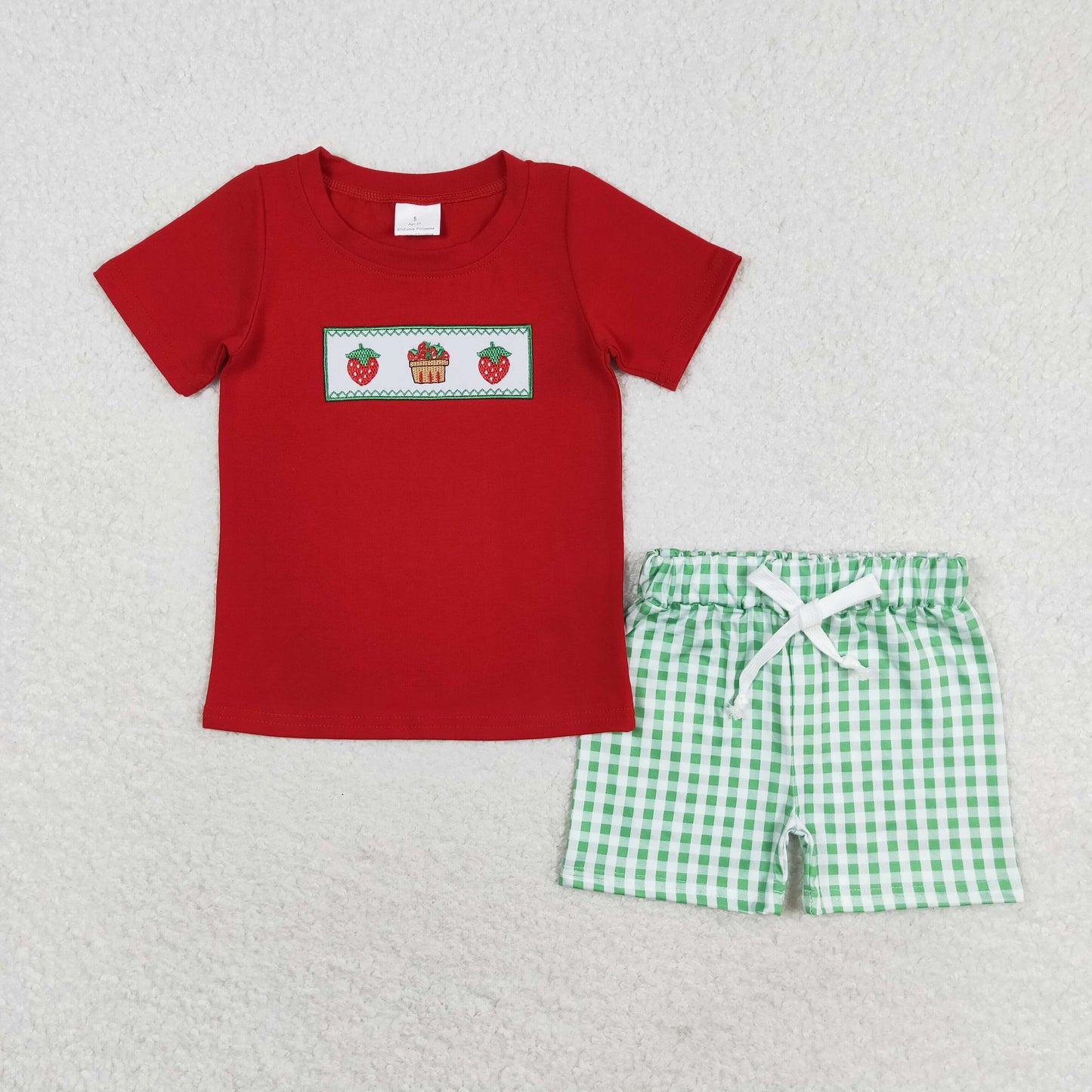 BSSO0810 Strawberry Embroidery Red Top Green Plaid Shorts Boys Summer Clothes Set