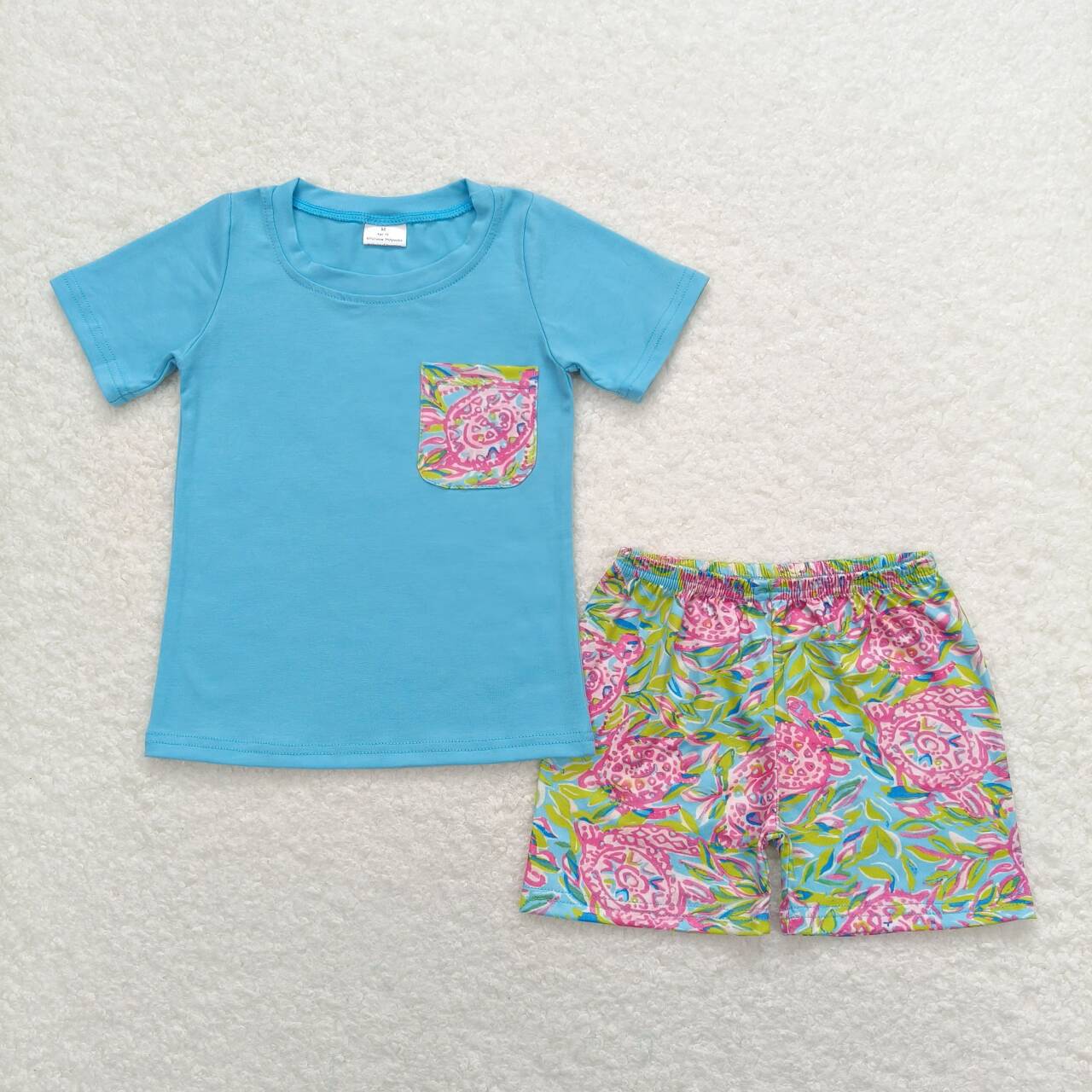 BSSO0846 Blue Pocket Top Turtle Seaweed Shorts Boys Summer Clothes Set
