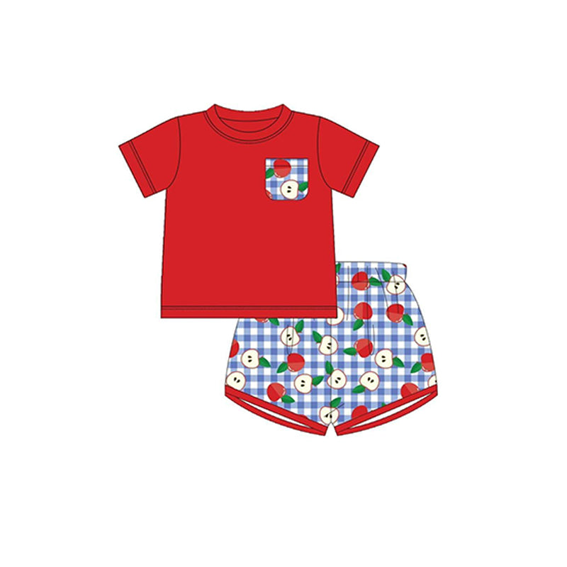 (Pre-order)BSSO0851 Red Pocket Top Apple Shorts Boys Back to School Clothes Set