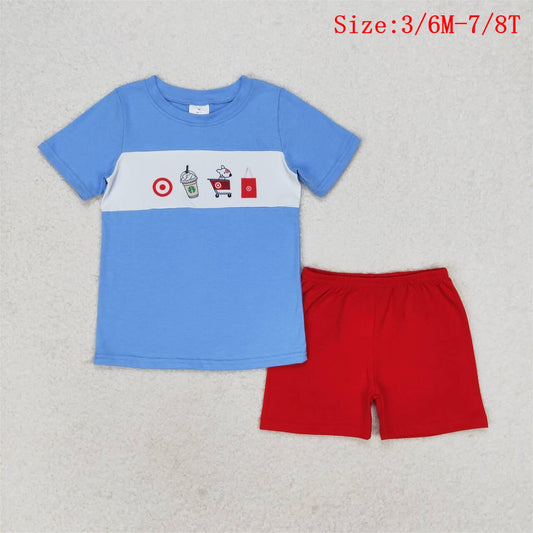 BSSO0894 Coffee Shopping Cart Top Red Shorts Boys Summer Clothes Set