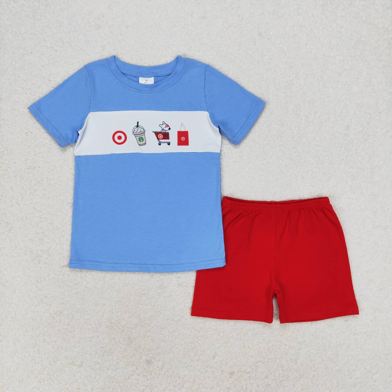 BSSO0894 Coffee Shopping Cart Top Red Shorts Boys Summer Clothes Set