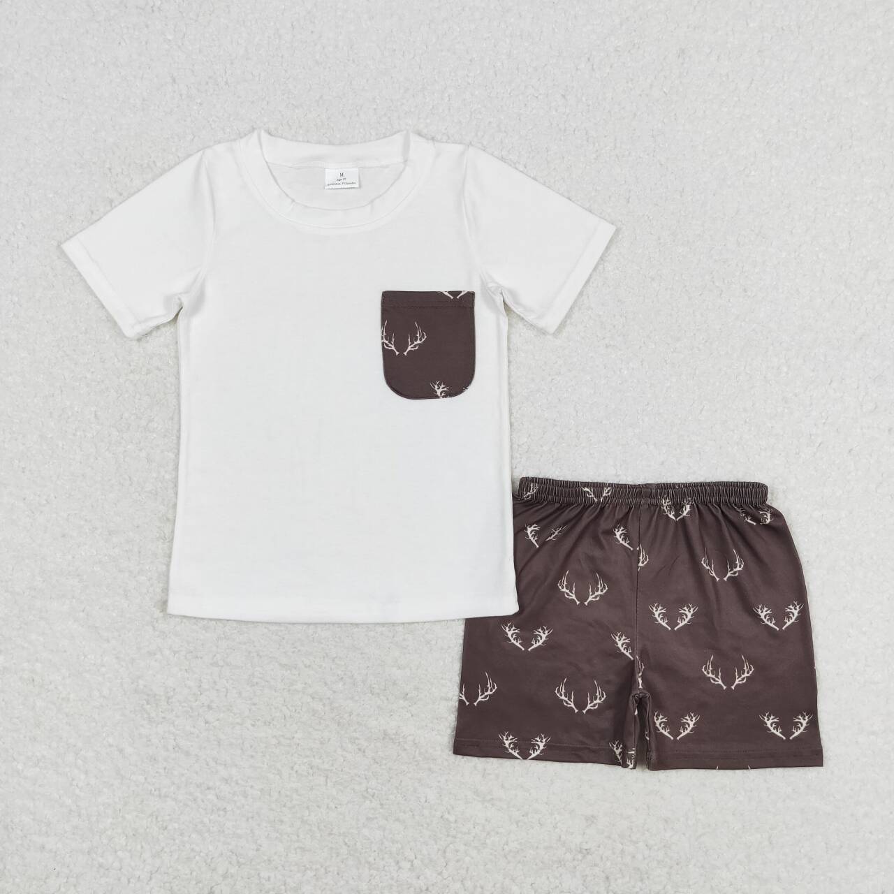BSSO0896 White Pocket Top Deer Skull Shorts Boys Summer Clothes Set