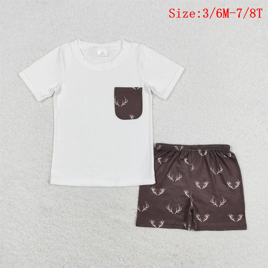 BSSO0896 White Pocket Top Deer Skull Shorts Boys Summer Clothes Set