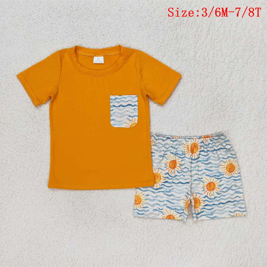 BSSO0897 Orange Pocket Top Sunshine Sea Spray Shorts Boys Summer Clothes Set