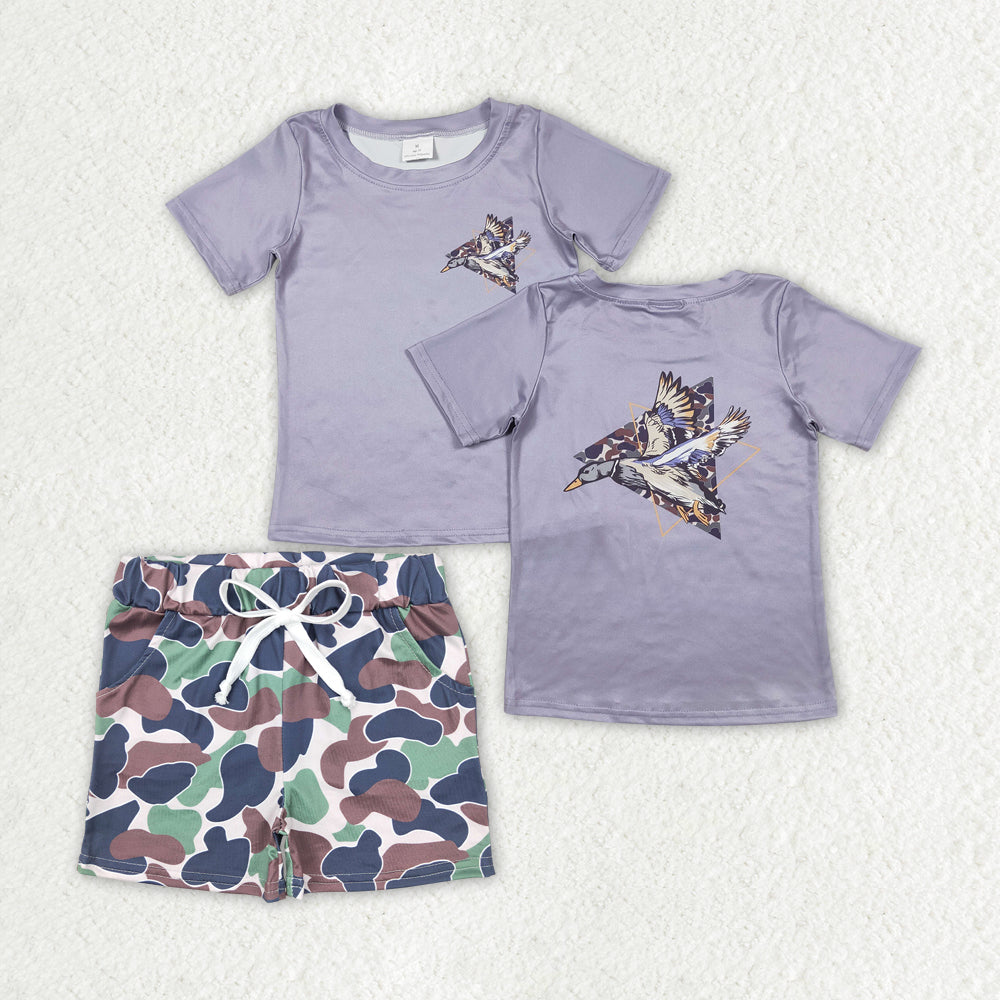 BSSO0901  Duck Grey Top Green Camo Shorts Boys Summer Clothes Set