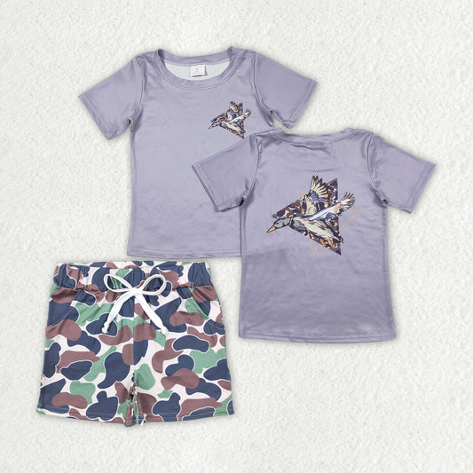 BSSO0901  Duck Grey Top Green Camo Shorts Boys Summer Clothes Set