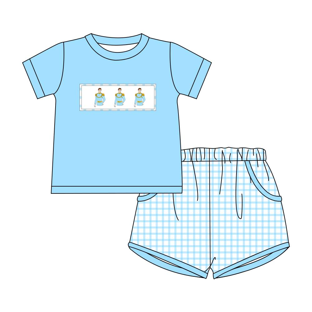 (Pre-order)BSSO0914 Cartoon Prince Blue Top Plaid Shorts Boys Summer Clothes Set