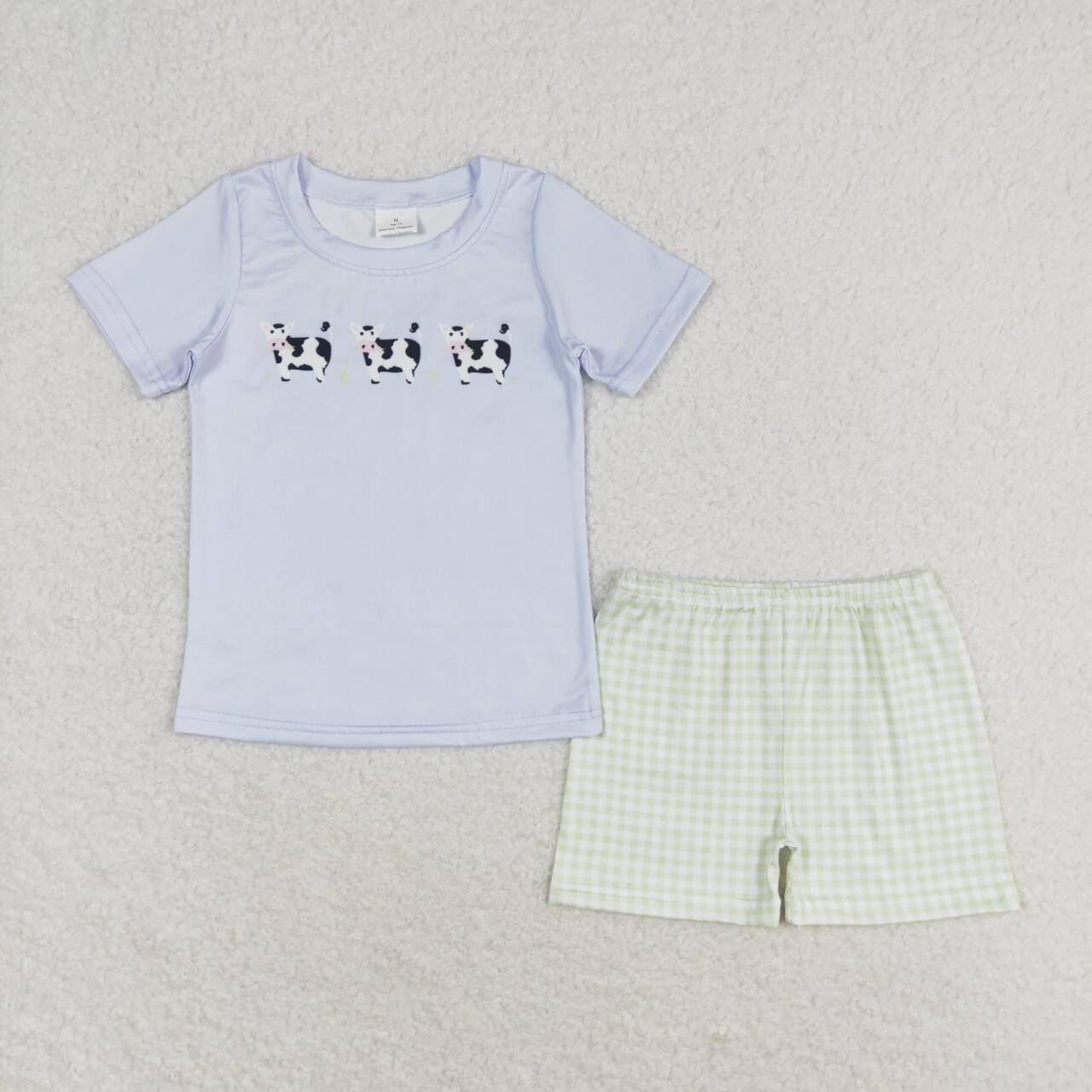 BSSO0935 Cows Blue Top Plaid Shorts Boys Summer Clothes Set