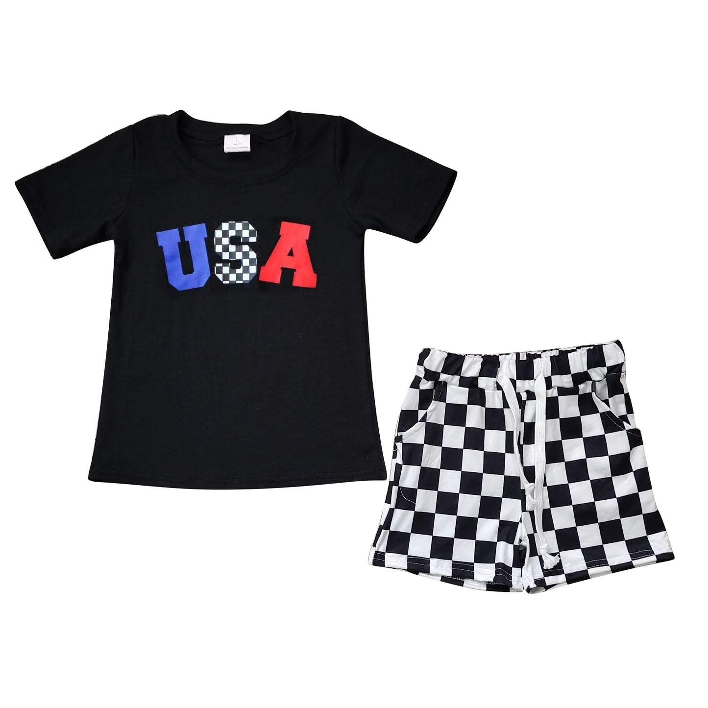 (Pre-order)BSSO0966 USA Black Top Plaid Shorts Boys 4th of July Clothes Set