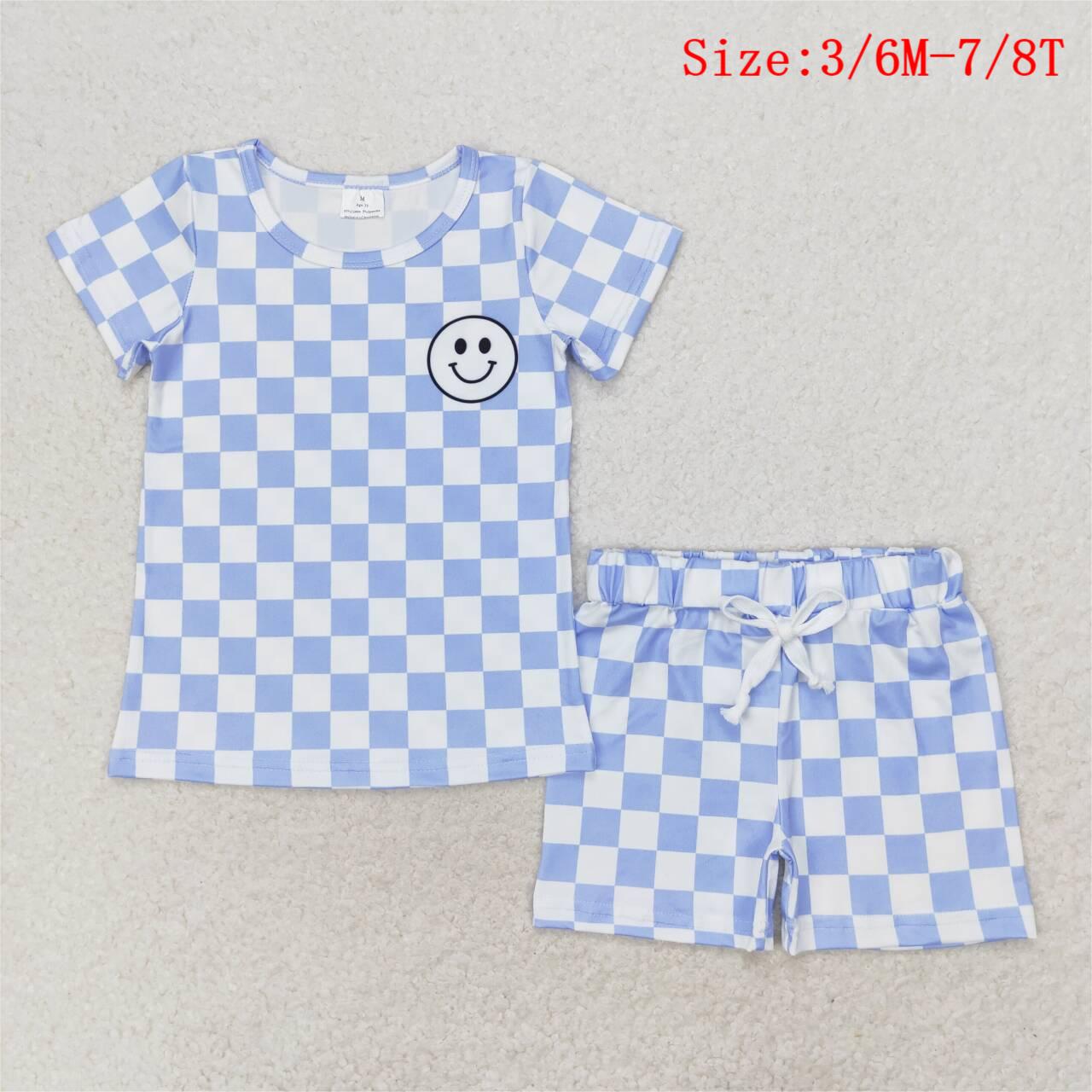 BSSO0974 Smiling Face Top Blue Plaid Shorts Boys Summer Clothes Set
